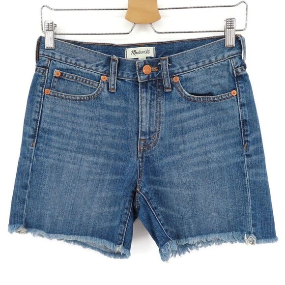 Madewell Womens 24 Blue Denim Shorts Distressed Raw Hem Copper Button Studs Jean - Picture 8 of 8